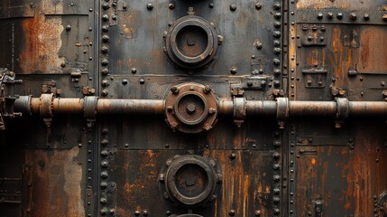 Rusted metal panels with pipes and fittings.