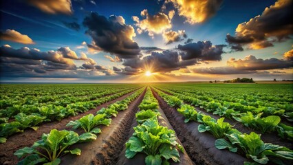 Surreal Sugar Beet Field: Organic Farming, Sunlit Shoots, Agricultural Perspective