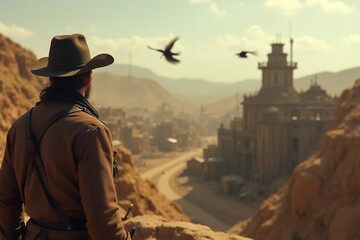 Lone Cowboy Overlooking Desert Town at Sunset
