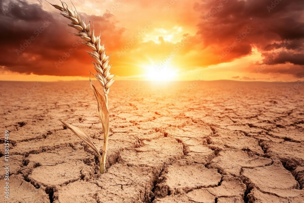Poster stalk of withered wheat stands resilient in barren field at sunset with dramatic clouds. generative 