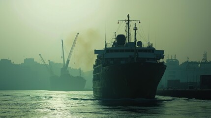 Fototapeta premium A silhouette of ships in a hazy harbor, with cranes in the background.
