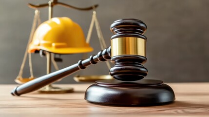 Hard Hat and Gavel on Table Signifying Fair Labor Law Judgments and Advocacy for Workers' Rights in Industrial Settings