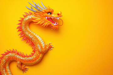 Fototapeta premium Fiery orange dragon with glittery scales on vibrant yellow background