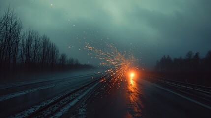 A dramatic scene of a road with sparks and a glowing light amidst a moody, cloudy atmosphere.