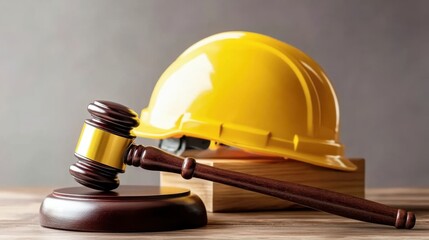Hard Hat and Gavel on Table Signifying Fair Labor Law Judgments and Advocacy for Workers' Rights in Industrial Settings