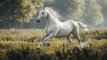 A majestic white horse galloping through a sunlit meadow filled with yellow flowers.