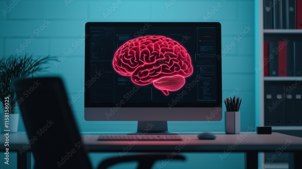 Poster futuristic workspace showing holographic brain on computer screen symbolizing innovation