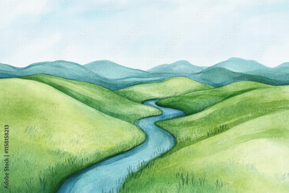 Aufkleber lush green hills and a winding river flowing through a serene landscape with gentle slopes and soft 