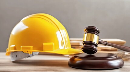 Hard Hat and Gavel on Table Signifying Fair Labor Law Judgments and Advocacy for Workers' Rights in Industrial Settings