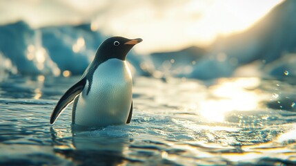 Fototapeta premium A penguin stands in shimmering water, surrounded by ice, under a beautiful sunset.