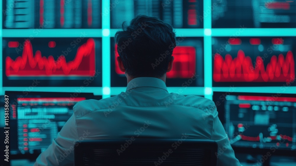 Poster businessman analyzing growth charts on multiple screens in futuristic workspace