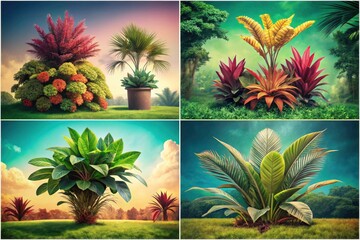 Obraz premium Vintage Jungle Plants: Vibrant Botanical Illustrations, Sunny Lawn, Retro Photography, Decorative Compositions