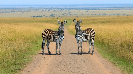 Naklejka premium Two Zebras on a Dirt Trail in Open Plains