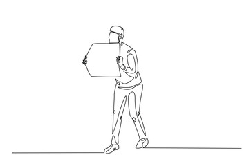 Man holding and lifting empty boards in continuous one line drawing. protesters lifting empty boards in single line art illustration. Editable vector.