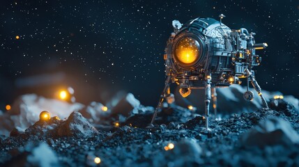 A futuristic spacecraft on a rocky extraterrestrial landscape, illuminated by distant stars.