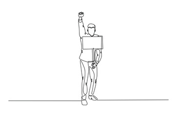 Man holding and lifting empty boards in continuous one line drawing. protesters lifting empty boards in single line art illustration. Editable vector.