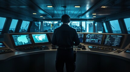 A person stands at a control panel, gazing at multiple screens in a dimly lit ship's bridge, showcasing technology and maritime operations.