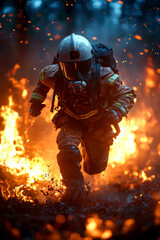 Firefighter Running Through Flames in a Forest Fire