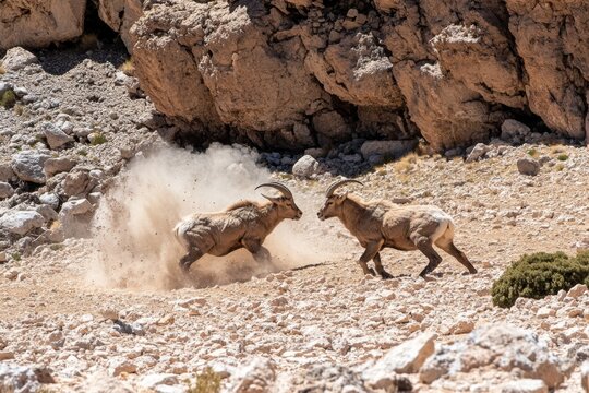 A dramatic action shot of an ibex sparring with another, their horns locked in an intense display of strength