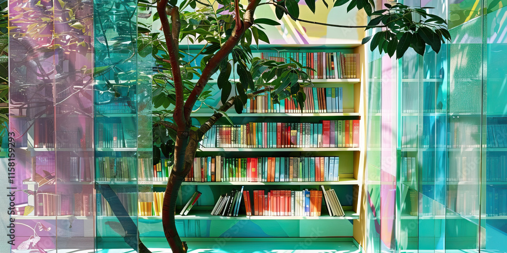Poster bookshelf with tree and translucent panels
