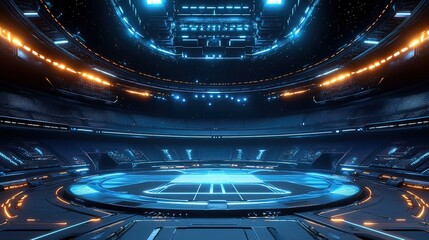 Futuristic arena with blue and orange neon lights, circular stage, and metallic structures.