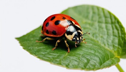 Fototapeta premium Close-up of a ladybug on a vibrant green leaf.