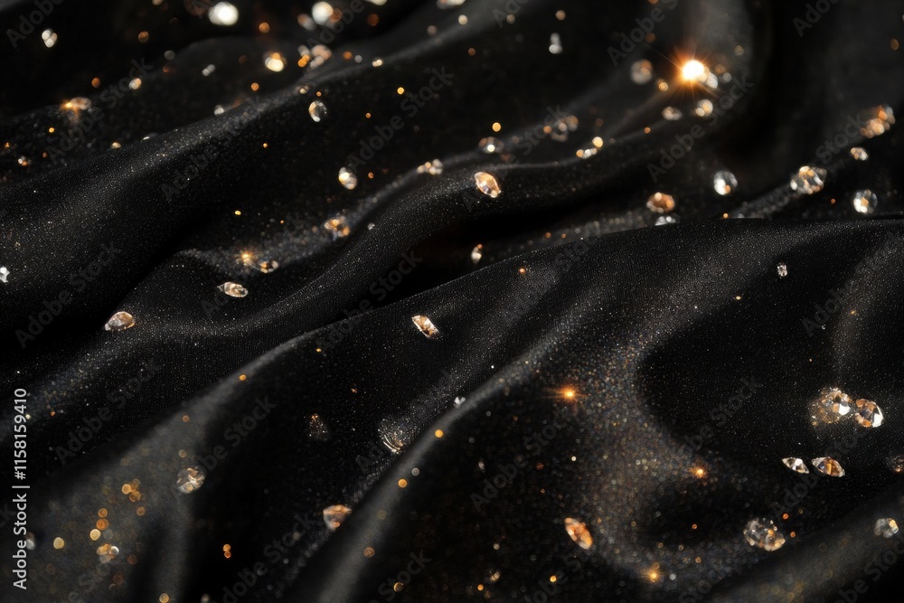 Leinwandbilder sparkling diamonds scattered on luxurious black fabric with ample empty space for text mockup. gener