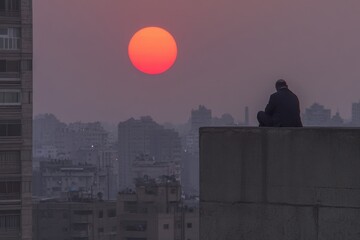 A dramatic shot of an imam calling the adhan (call to prayer) at sunset, signaling the time for iftar