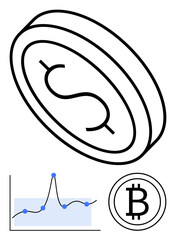Coin with dollar sign Bitcoin logo line graph with peaks and troughs. Ideal for finance, investment, economic trends, digital currency, volatility, earnings, analytics. Line metaphor