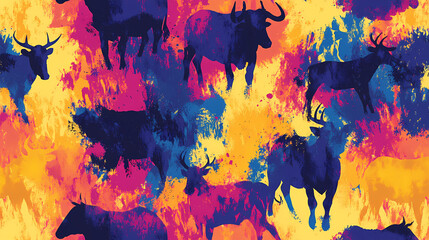 Colorful tie dye pattern featuring a rustic effect with cobalt animal motifs ideal for textile design and vibrant retro decor. Cobalt. Illustration