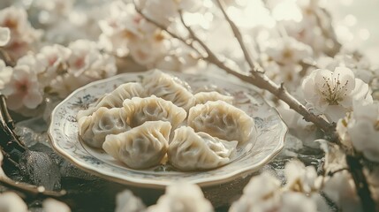 A plate of dumplings surrounded by cherry blossoms, evoking a serene dining experience.