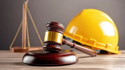 Hard Hat and Gavel on Table Signifying Fair Labor Law Judgments and Advocacy for Workers' Rights in Industrial Settings