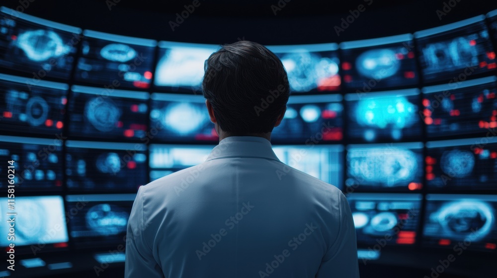 Poster Scientist analyzing data on multiple screens in futuristic control room