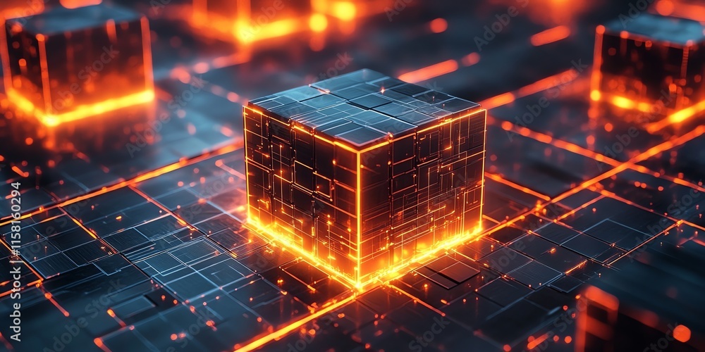 Poster a futuristic digital landscape featuring glowing cubes and interconnected circuits.