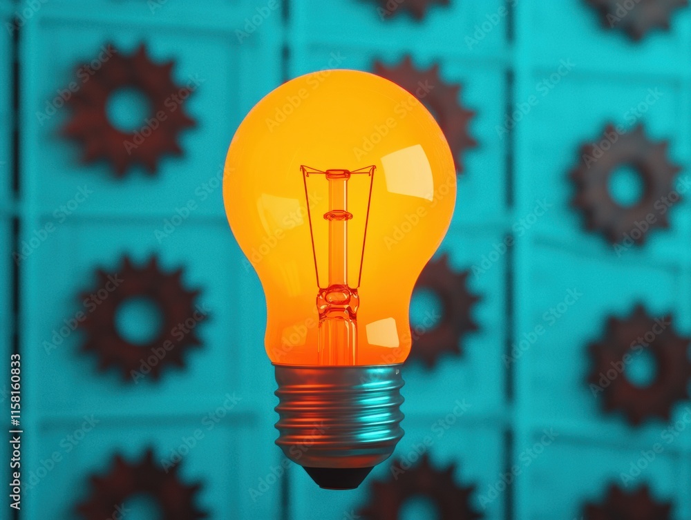 Poster bright light bulb glowing with gear mechanism background: concept of business problem-solving and cr