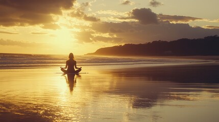 Fototapeta premium A person meditating on the beach at sunset, reflecting tranquility and mindfulness.