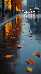 Autumn leaves on a rainy street reflecting warm city lights.