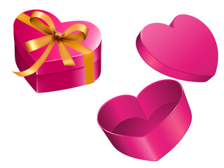 Pink heart 3d shaped gift box with ribbon and bow on transparent background cutout