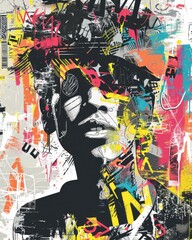 Abstract portrait, vibrant collage, urban art, graffiti style; bold colors, layered textures.  Perfect for modern interiors or fashion designs.