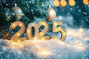 New Year 2025 numbers in the snow with a Christmas tree and lights, a New Year concept. - Generative AI