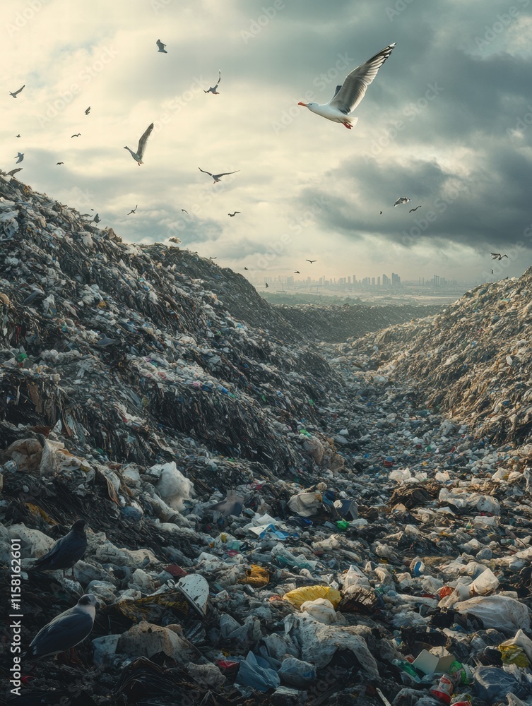 Poster massive landfill with seagulls soaring over the waste under a cloudy sky with empty space for text. 