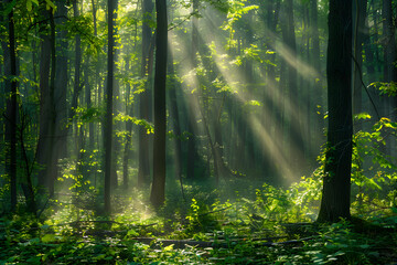 Obraz premium A Tranquil Forest Morning: The Calming Effect of Sunlight Through Dense Foliage