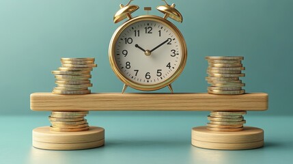 Golden alarm clock and stacked gold coins balanced on a wooden seesaw, depicting time and money balance
