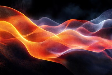 Abstract waves of vibrant orange and purple light create a dynamic, flowing visual effect.