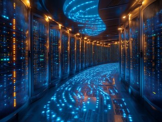 Futuristic server room with illuminated pathway.