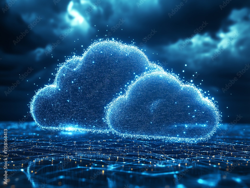 Poster Digital representation of clouds with glowing particles against a dark background.