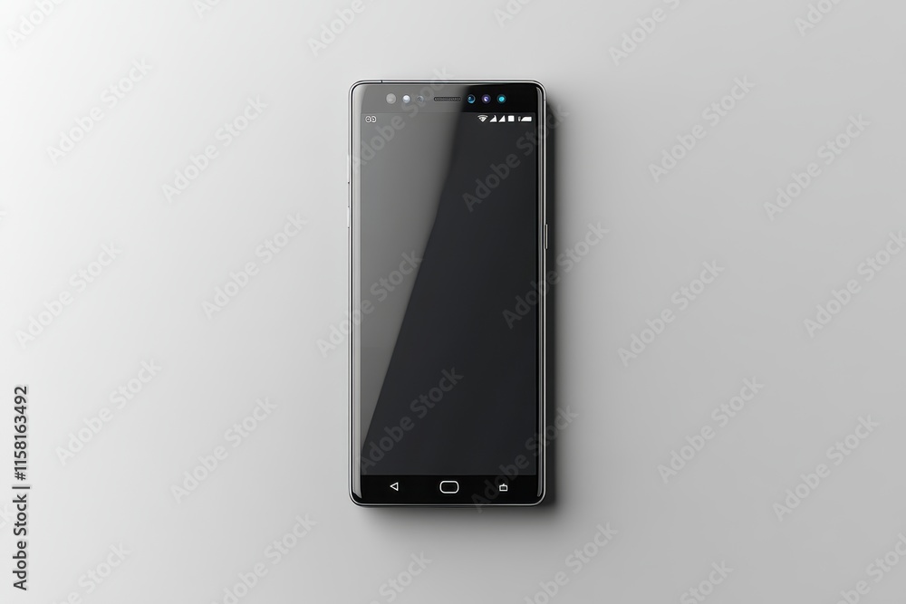 Poster modern smartphone with a sleek design and black touchscreen display isolated on a light gray backgro