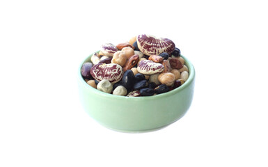 A variety of beans in a cup, such as red, black, black-eyed white, green peas, white peas, peas, tiger, sippeas, azuki beans other.