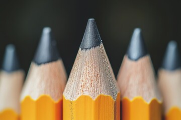 Close-up of sharpened yellow pencils arranged in a row, showcasing the fine details of their textured wooden surfaces and pointed graphite tips against a dark background.