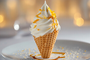 A delicate cone on a plate filled with vanilla ice cream and orange zest, honey on top. (Generative AI)